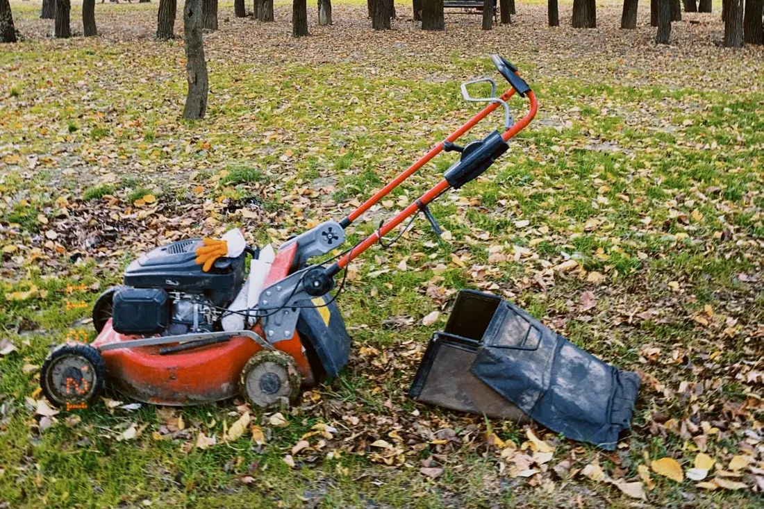 Fall lawn mowing in Kelowna, mower with a collection bag on a lawn covered in autumn leaves
